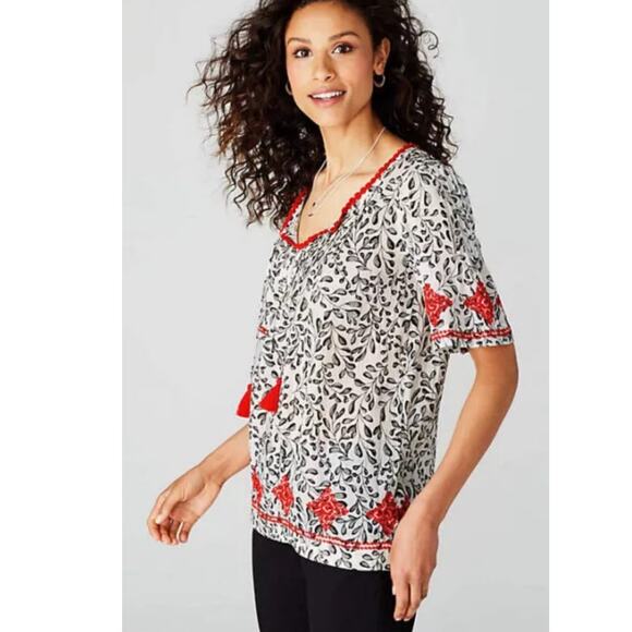 J. Jill Embroidered Pintuck Top Red Black White Size L Petite - Picture 2 of 13
